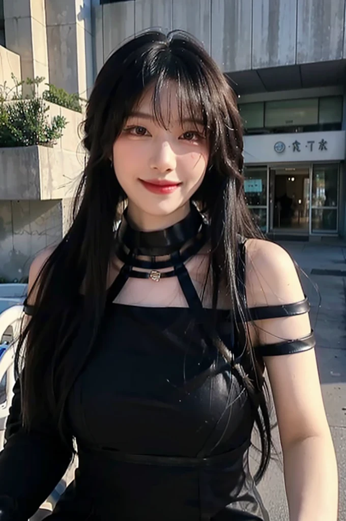 "Double long hair and G cup bust size beauty, Black Shiny Witch Cosplay、Valley, Take a selfie under a streetlight."Cinematic lighting、Lustrous skin、A smile