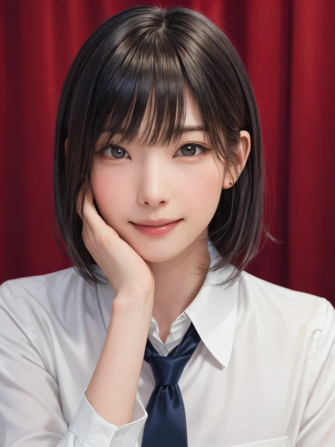 (masterpiece:1.3), (Realistic, RAW Photos, highest quality: 1.4), (One Girl), Beautiful Face, (超Realistic Face、シンメトリーのBeautiful Face), (Short black hair, short hair:1.6、bangs:1.3、Show off your beautiful ears), Beautiful hairstyle, (Realistic eyes), Beautiful details, Long eyelashes, (Realistic Skin), Beautiful Skin, {huge|big|hugeな|Mega} chest, chestの谷間, (Perfect body:1.3), (Detailed body:1.2), (tie), (Collared shirt, Pleated skirt:1.3), Absurd, charm, Ultra-high resolution, Ultra-realistic, Very detailed, Golden Ratio,Very cute beautiful woman:1.4、28 years old、Happy smiling face with closed mouth、lips