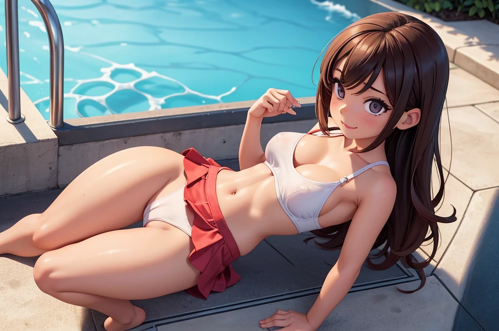 Ultra realistic , 2 girl, obra maestra, mejor calidad, alta calidad, defined, detailed, HD, (piel morena), ojos definidos, ojos cafes intensos, long eyelashes, small mouth, sonrisa, very long hair, pelo liso, pelo oscuro, cuerpo reducido, bosom barely contained, big breasts, sexy, posando foto, pose lasciva, sin sostenes, no bra, excitada, pezones erectos, nice view, full body, perfect body, perfect legs, perfect hands, perfect fingers, abierta, mojada, sudada, caliente, tight, sonrojada, no socks, peinada hacia atras, petites, ((no skirts)), ((lil sister)), hot big sister, barely covering, lean, unaware, heat, no panties, (sexiest underwear barely wearing), view from above, smartphone, talking, pool, splash, sitting, open legs, close up