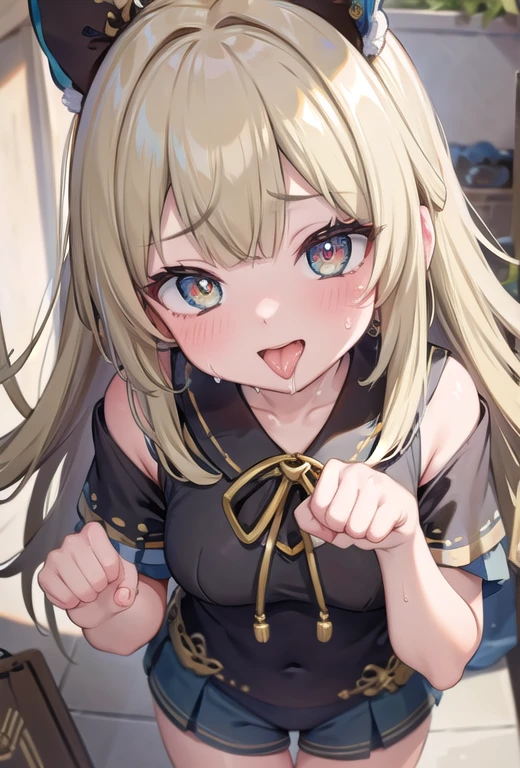 masterpiece,16k,8k,Delicate expression,highest quality,high resolution,High resolution,Sweat,1girl,look at viewer, seductive smile,sweat stains,steam,,fish eye lens,front face,from above,paw pose,upper body,show your oral,open mouth,long tongue out,drool,heart shaped pupils,green eye,blond hair,