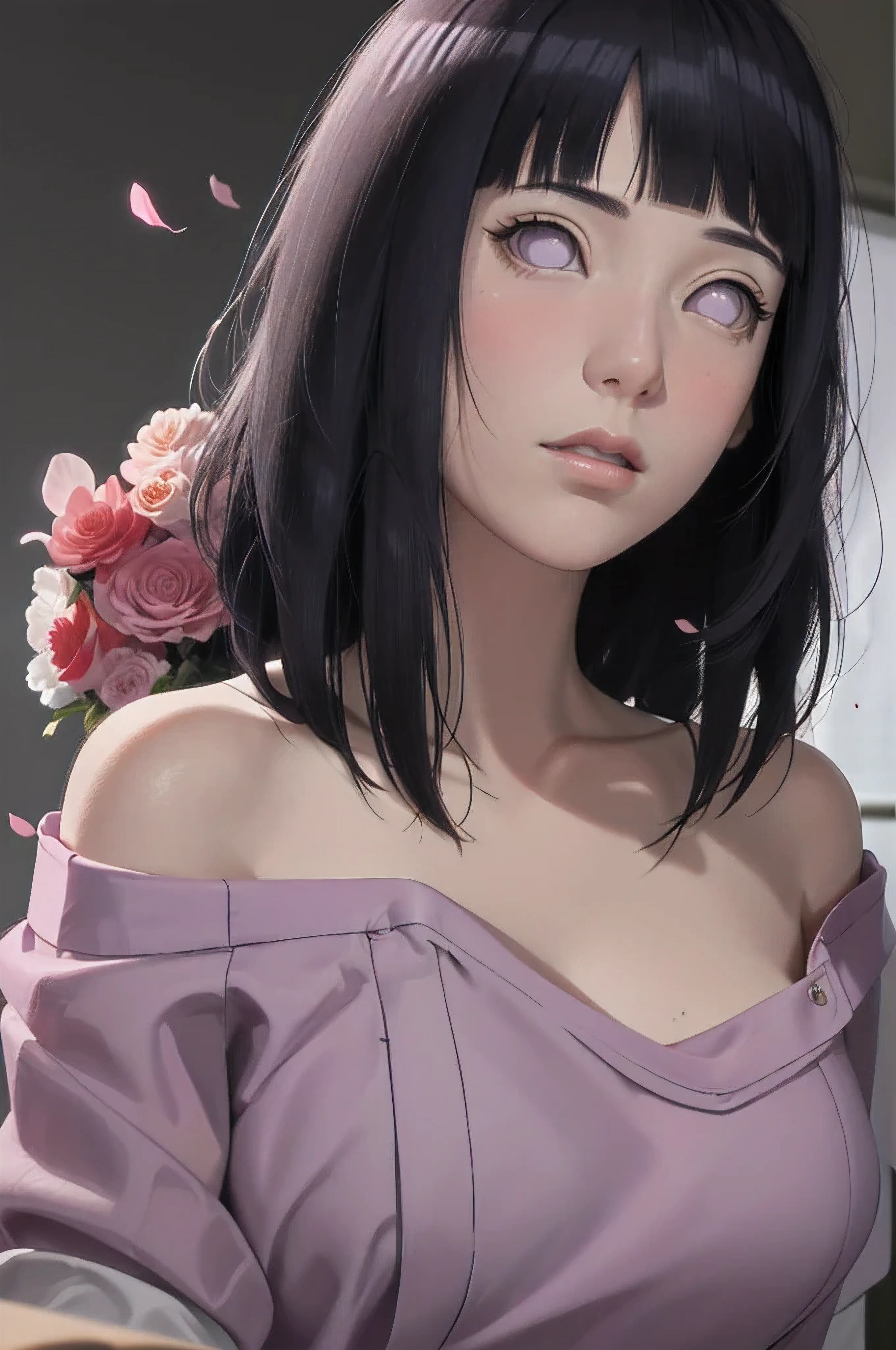 masterpiece, absurdres, hinata\(boruto\), 1girl, solo,mature female, off-shoulder oversized shirt, looking at viewer, (falling petals), perfect composition, detailed lips, big breast, beautiful face, body propotion, blush, (pink lips), long hair, purple eyes, soft gaze, super realistic, detailed, photoshoot, realistic face and body,