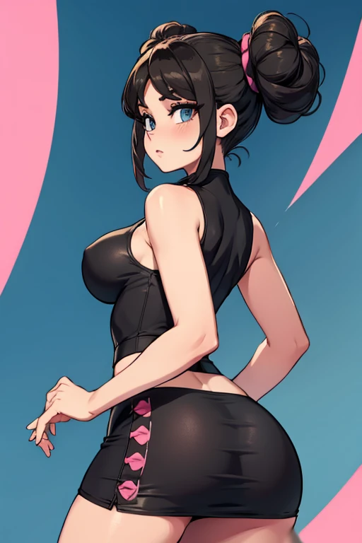 1woman having sex,(mature seductive woman),doggystyle,rolling up eyes,flying heart-shapes,shaking effect,black hair,(happy),saliva,wet skin,(plump body),tied hair,turtleneck sweater