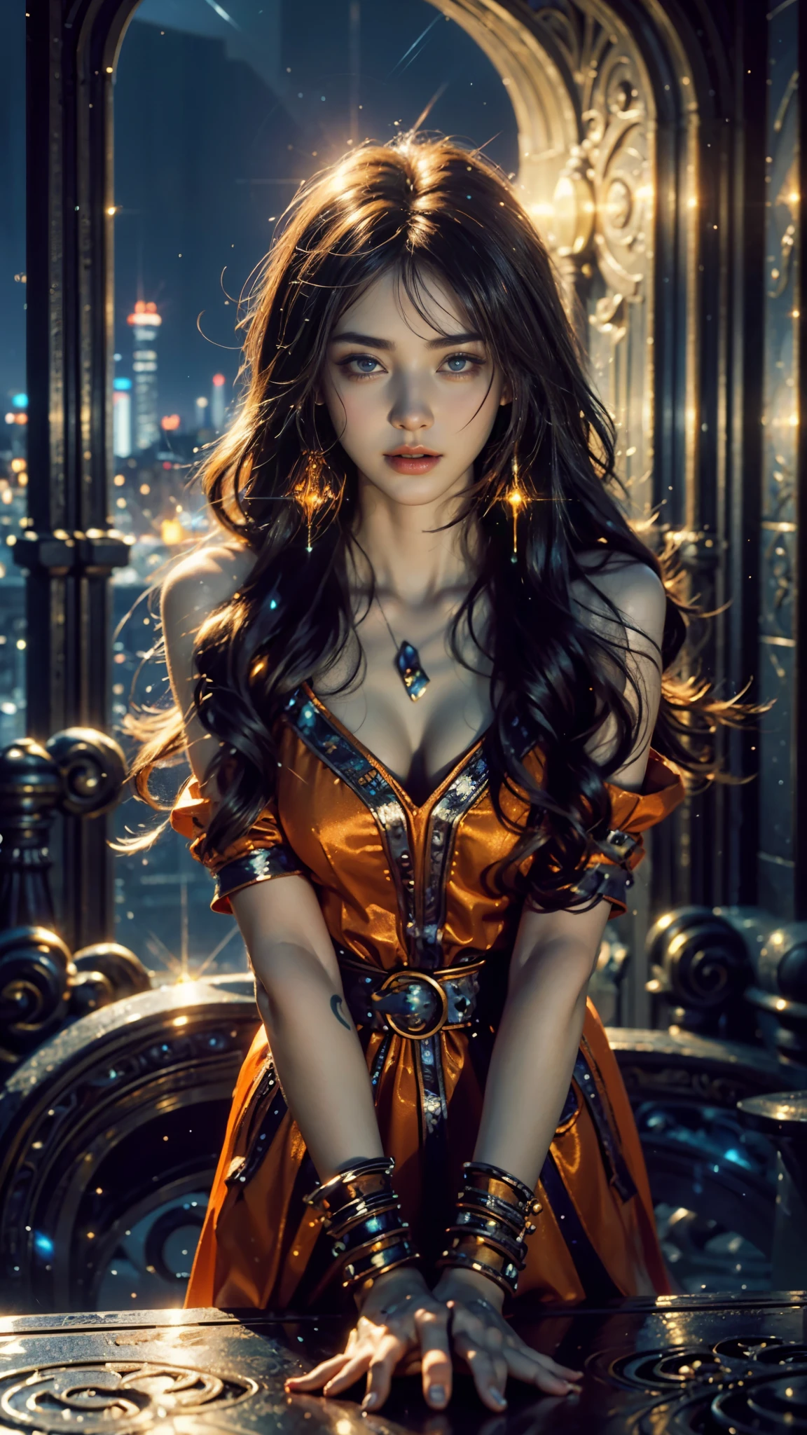 4k, UHD, masterpiece, 1 girl, good face, ((detailed eyes)), very long hair, impressive hairstyle, perfect brasts, fantasy clothing, ((orange clothing)), (strap:1.3), night city, building, lamps, depth of field, reflection light, ((sparkle)), chromatic aberration,