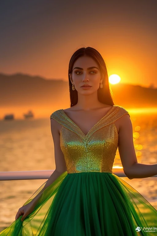 Imagine uma cena deslumbrante com uma mulher loira de olhos verdes, vestida com um elegante vestido vermelho que reluz sob o sol poente. Ela encara diretamente o espectador, transmitting an aura of strength and beauty. No horizonte, The sun sets in shades of orange and red, creating a stunning and memorable setting."
