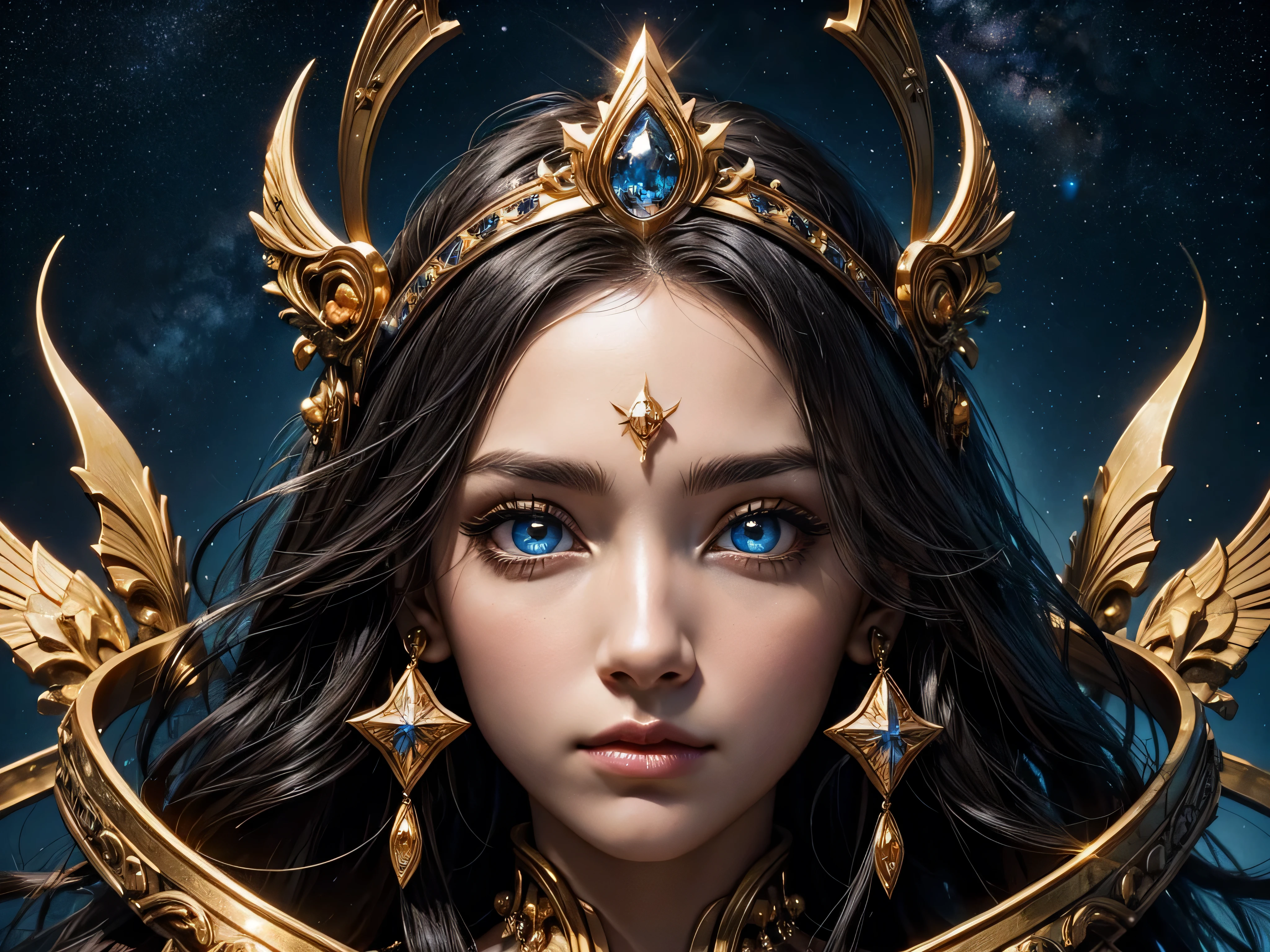 1 woman, beautiful, alone, dark, from the bottom up, kingdom, mythology, golden armor, starry sky, goddess, (best quality, symmetrical eyes, perfect eyes, beautiful face),
