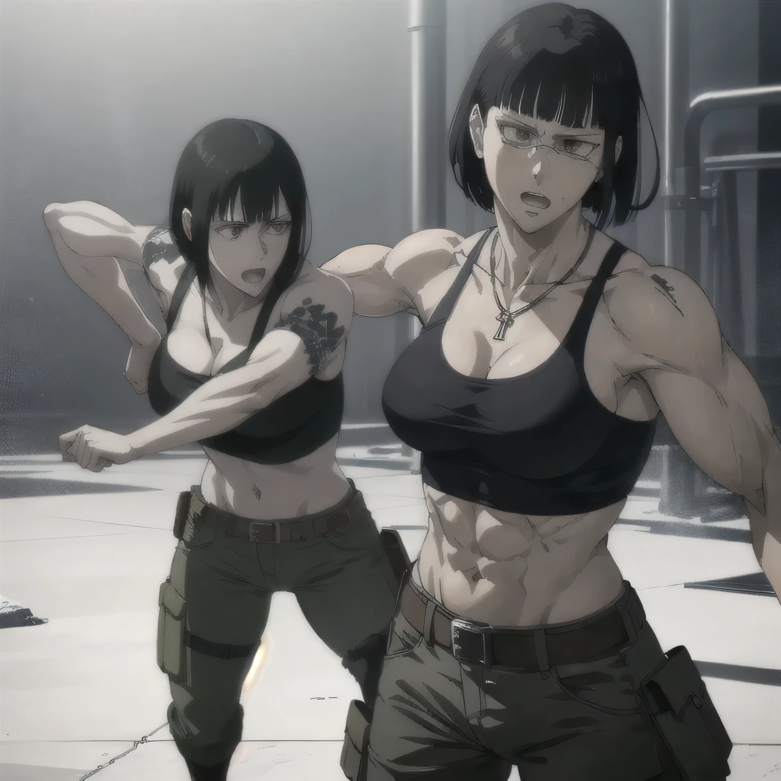 (best quality,ultra-detailed,realistic:1.37),musclaur badass girl with sculpted body with preview her musclaur body and six-pack, full review of the female character's face and body, intense expression, strong and confident posture, studio lighting, vivid colors, physiologically-based rendering, grungy texture, rugged background, dust particles in the air, commanding presence, professional, powerful, gritty aesthetics,,Valmet،short hair,necklace,clean muscles،wearing male military pants with belt and tank top, tattoos on shoulders,clean clothes,