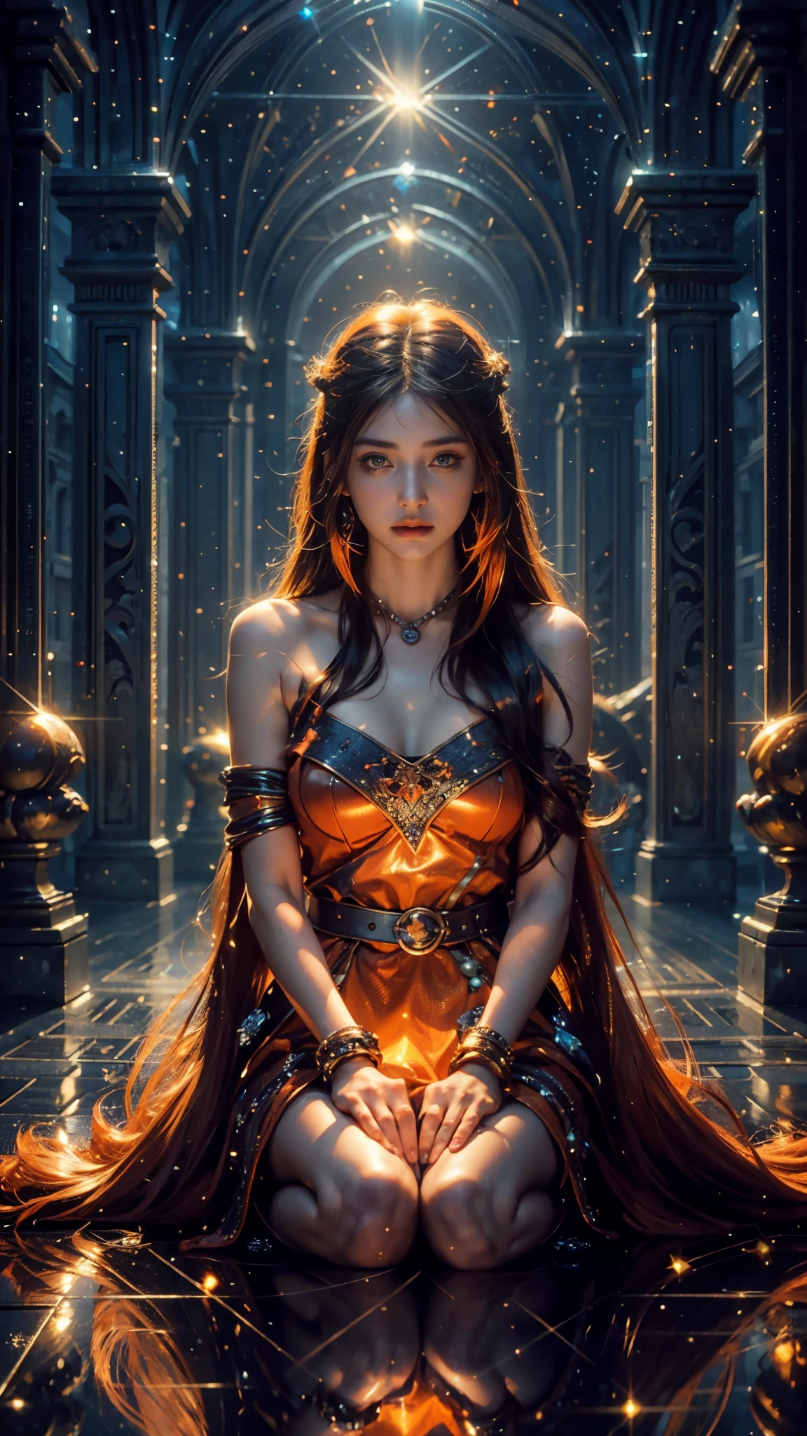 4k, UHD, masterpiece, 1 girl, good face, ((detailed eyes)), very long hair, impressive hairstyle, perfect brasts, fantasy clothing, ((orange clothing)), (strap:1.3), night city, building, lamps, depth of field, reflection light, ((sparkle)), chromatic aberration,