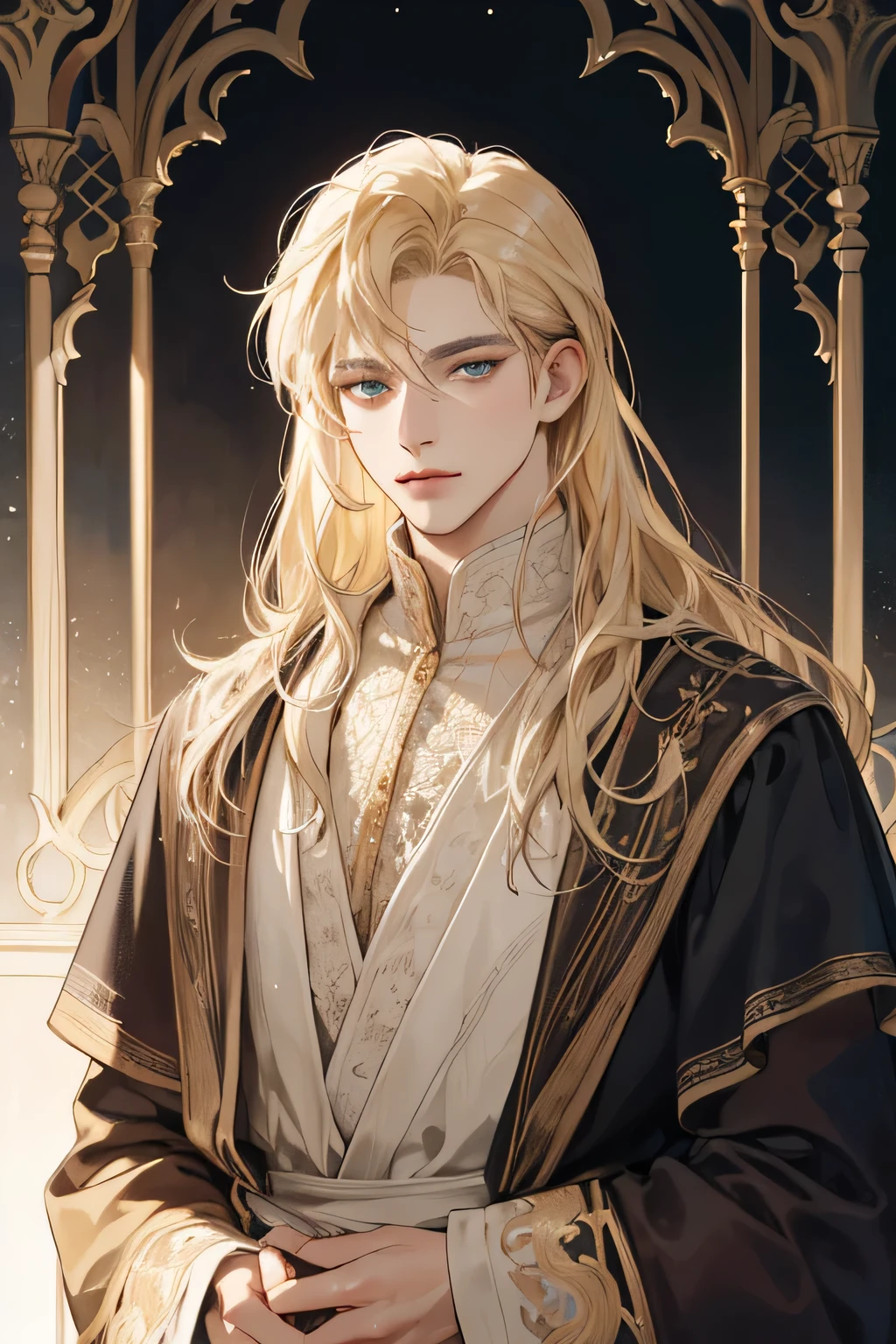 (Best quality),adult,1 man, male, mature, very tall, elegant and strong, long hair blonde, grey eyes, long hair blonde, medieval bohemian style clothing, richly textured background, soft lighting, portrait style, painting style, deep colors, royal golden clothes yunani style, perfect eyes, look at camera,