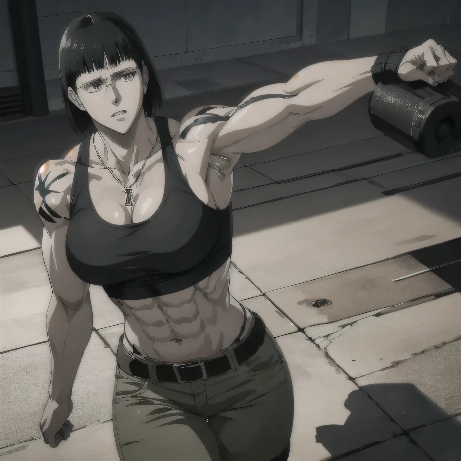 (best quality,ultra-detailed,realistic:1.37),musclaur badass girl with sculpted body with preview her musclaur body and six-pack, full review of the female character's face and body, intense expression, strong and confident posture, studio lighting, vivid colors, physiologically-based rendering, grungy texture, rugged background, dust particles in the air, commanding presence, professional, powerful, gritty aesthetics,,Valmet،short hair,necklace,clean muscles،wearing male military pants with belt and tank top, tattoos on shoulders,clean clothes,