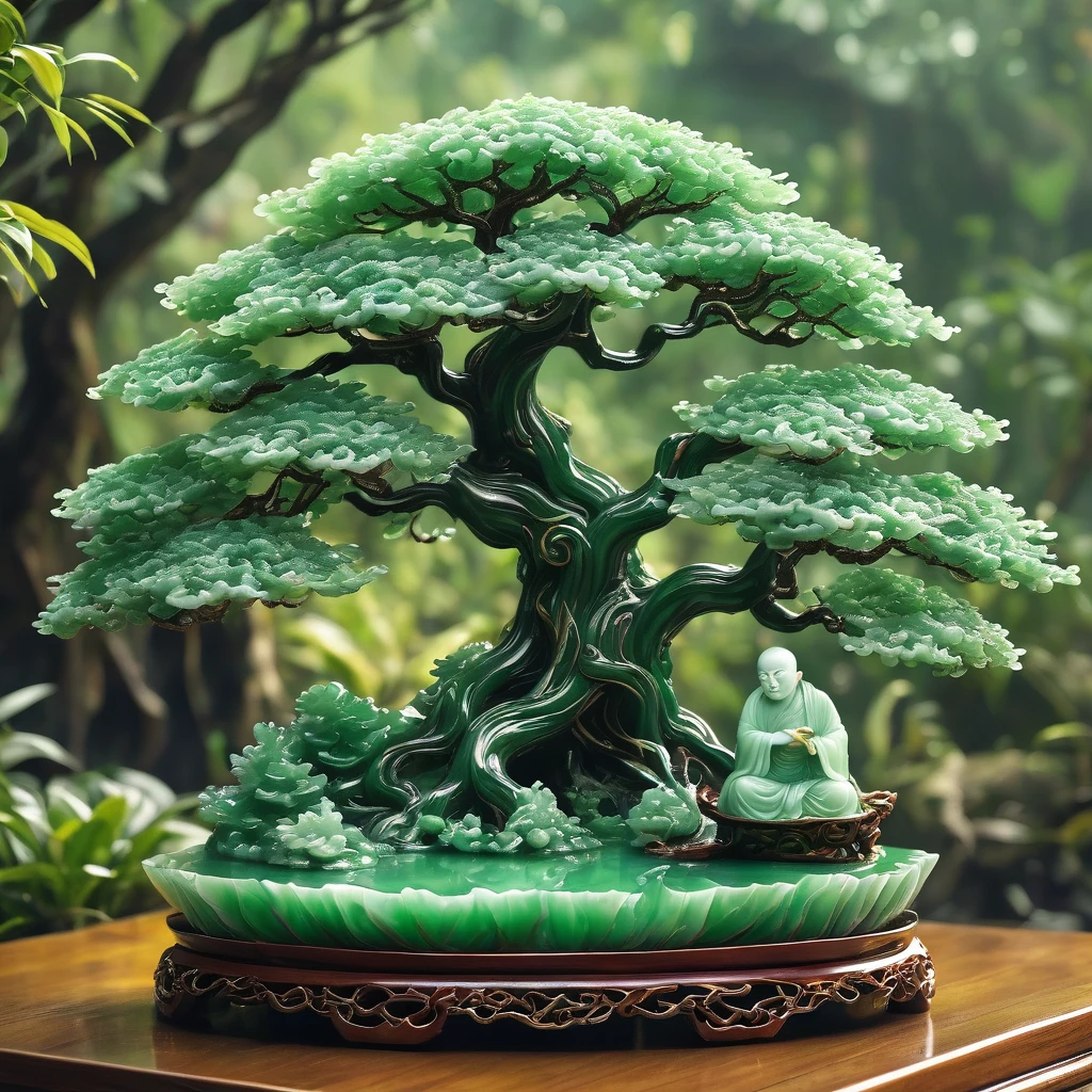 best quality, very good, 16K, ridiculous, Extremely detailed, Gorgeous big tree，Monk，Made of translucent jadeite, Background grassland（（A masterpiece full of fantasy elements）））， （（best quality））， （（Intricate details））（8k）