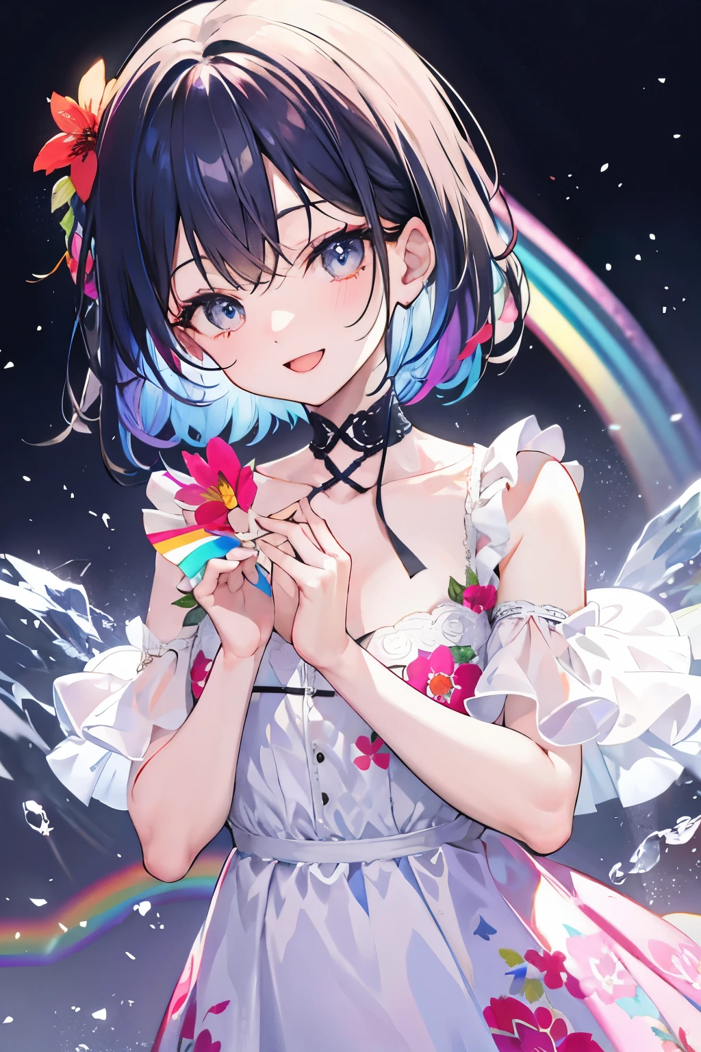 flower in hands,;D, rainbow backgraund