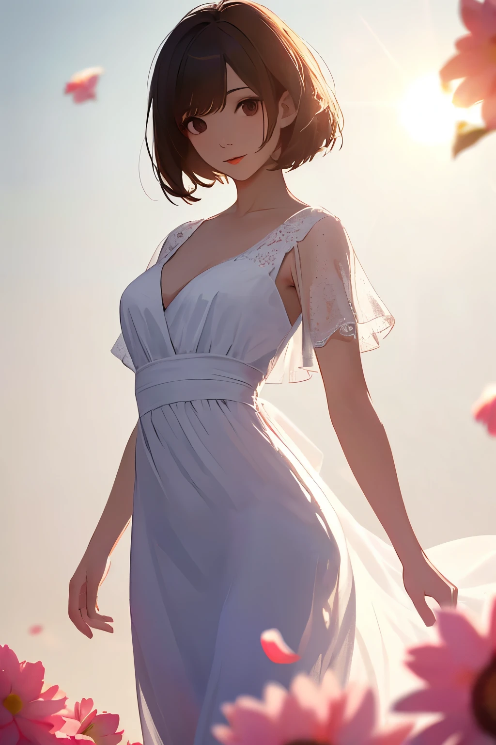 Highest quality, masterpiece, alone, 1 female、Age 25、Small breasts、(Cleavage)、(Slim figure)、sheer white dress、From the side、Poses that accentuate the chest、(White highlight in pupil:1.2)、Dark reddish brown eyes、(Black-haired:1.2)、(Medium Hair)、(View your audience:1.2)、White skin、(blush)、(Embarrassed look)、(Blur the background to make the woman stand out.:1.3)、(The sunlight shines in)、Half Backlight、(Beautiful flowers in the background)、The wind is blowing