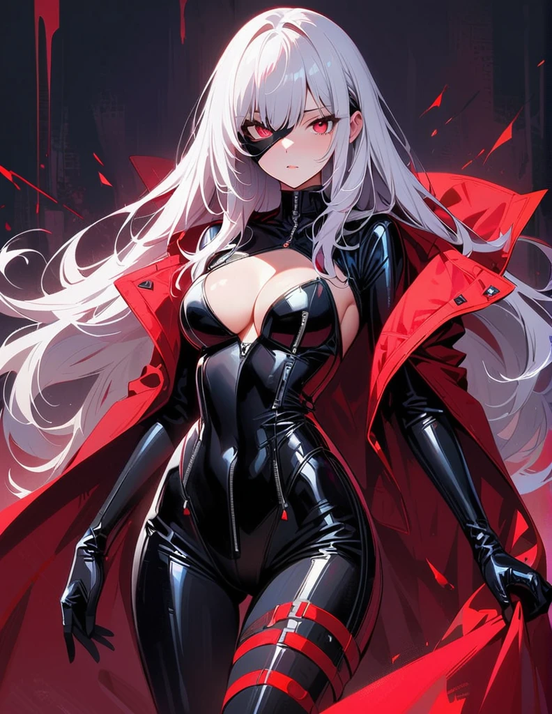 masterpiece, best quality, 8K, Digital painting, 1 girl, solo, stand up, youth, White hair, long white hair, red eyes, round pupils, Emotionless expression, jumpsuit, Long black gloves, One-piece Pants, tight latex bodysuit, Highlight her graceful figure,wrap the whole body, ((Raised sexy)), jumpsuit, Long black gloves, One-piece Pants, Black latex clothing, Blood-red eyes, best quality, High resolution, Super detailed, Vivid textures, mask, tight latex bodysuit, Bangs, (cleavage)