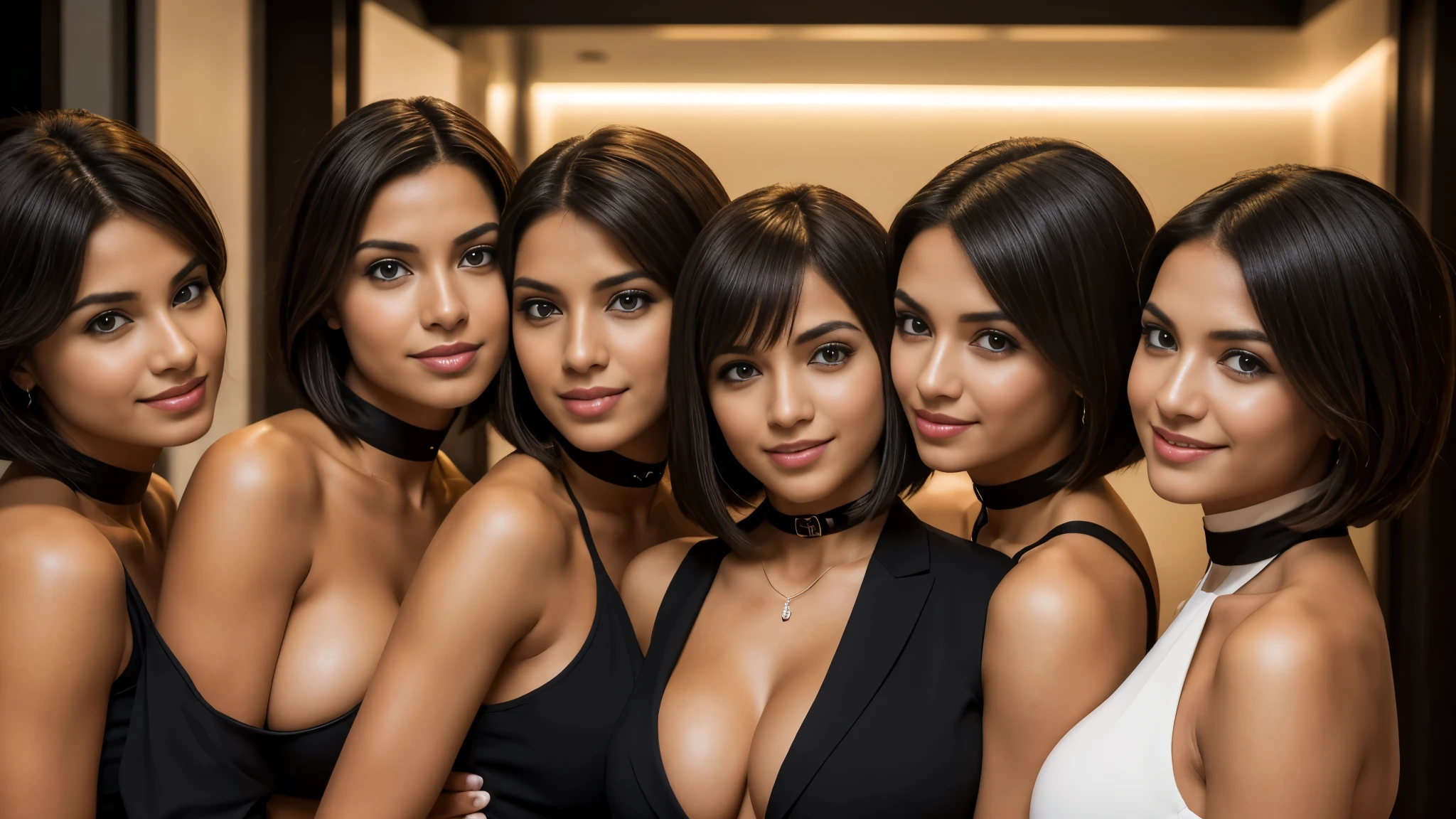 Isabel Merced, group of girls in pantsuits, (long bob_cut hair), choker, enjoying the nightlife of greece, smiling, (kissing:1.2), (skin texture:1.1), (high detail face:1.1), full bodyshot, high detail body, high detail clothes, (big breasts:1.3),(masterpiece), (realistic), ultra high definition, 4k, ultra high resolution, cinematic lighting, rim lighting, photo by Arny Freytag, RAW image