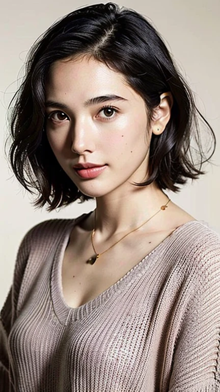 (highest quality, 8k, 32k, masterpiece, Ultra-high resolution:1.2),Beautiful Woman Photo, Gal Gadot, Huge breasts, Very short bob hair,Upper Body, Face Focus, Extra Large_sweater, necklace, Simple Background, From above, View your viewers, smile,