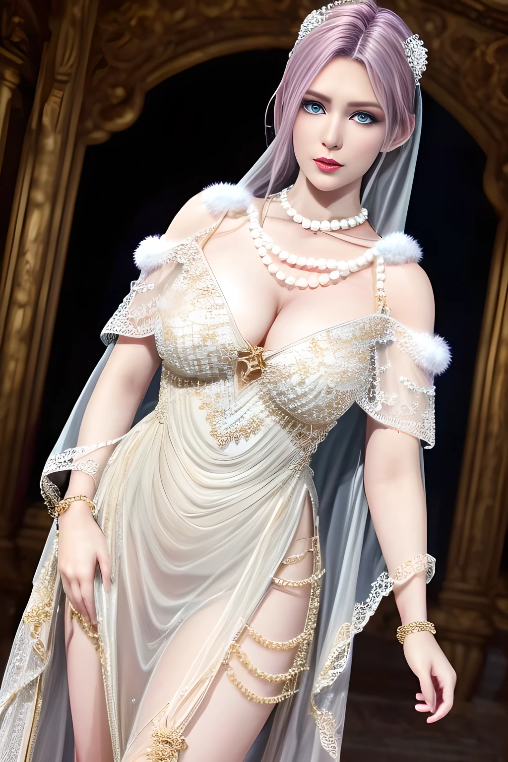 1girl,beautiful detailed eyes,beautiful detailed lips,extremely detailed eyes and face,long eyelashes,(Wearing Ice-crystal embellished dress:1.2),(Wearing Jewel:1.2),(lace_cloak:1.3),(Fluffs),(pearl bodychain:1.3),(best quality,4k,8k,highres,masterpiece:1.2),ultra-detailed,(realistic,photorealistic,photo-realistic:1.37),elaborate makeup,elegant pose,fashion,model,glamour,high fashion,runway look,  elise,