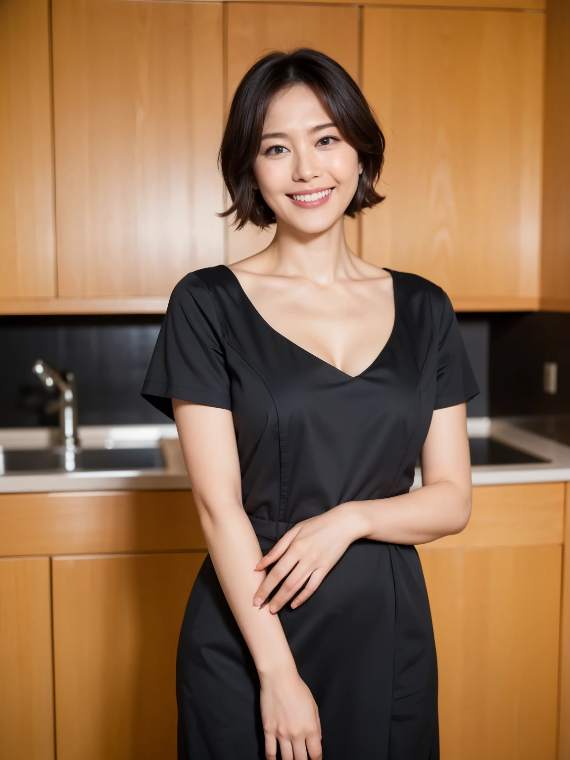 最high quality, In 8K, Masseter region, Vibrant, Sharp focus, high quality, High resolution, Detailed face, fine grain, Thick lips, (Looking at the audience), alone, Beautiful woman, 38 years old, (Standard body type)、(D cup breasts)、(Short black hair:1.5), Cleavage、(Bright room、Wooden wall)、 (Standing in the kitchen island:1.6)、(Black short-sleeved formal dress:1.6)、(smile:1.5)、(Black pumps:1.5)