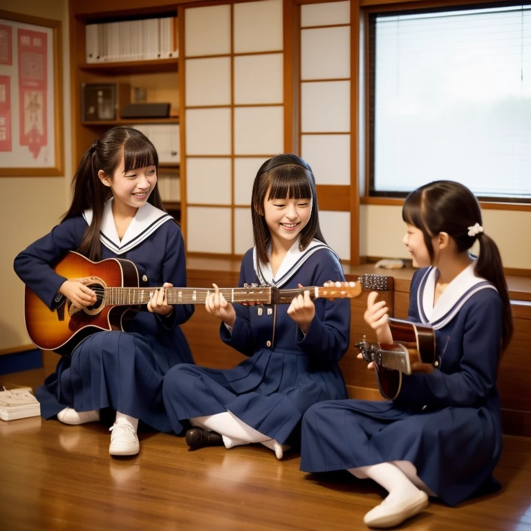 Japanese schoolgirls playing musical instruments、A happy look、Location: Music room、17 years old、Sailor suit、Break time