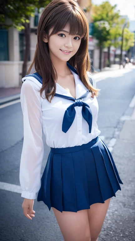 An innocent ****************、((Sailor suit、 Too much exposure、Cute and elegant, Dramatic Pose)),smile,Long Hair、RAW Photos, (8k、highest quality、masterpiece:1.2)、(Intricate details:1.4)、(Realistic:1.4)、Octane Rendering、Complex 3D rendering with ultra-detail, Studio Soft Light, Rim Light, Sharp details, Super Detail, Realistic skin texture, detailed aspects, Beautiful details in the eyes, Highly detailed CG Unity 16k wallpaper, Compensate, (Detailed Background:1.2), Glowing Skin, whole body,Put your hands down、(stand with feet apart,)、恥ずかしいsmile、I can see your thighs、White high heels、Bright lighting、Low Angle、Model standing、Emphasized cleavage、(((Chika Wakatsuki)))