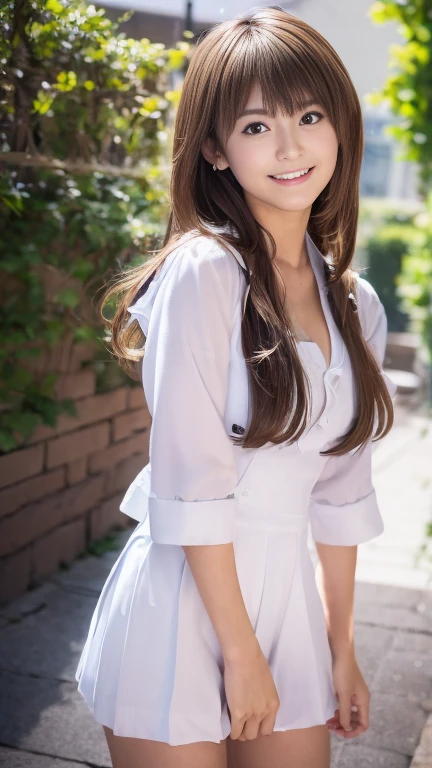 An innocent -yeld gi((Sailor suit、 Too much exposure、Cute and elegant, Dramatic Pose)),smile,Long Hair、RAW Photos, (8k、highest quality、masterpiece:1.2)、(Intricate details:1.4)、(Realistic:1.4)、Octane Rendering、Complex 3D rendering with ultra-detail, Studio Soft Light, Rim Light, Sharp details, Super Detail, Realistic skin texture, detailed aspects, Beautiful details in the eyes, Highly detailed CG Unity 16k wallpaper, Compensate, (Detailed Background:1.2), Glowing Skin, whole body,Put your hands down、(stand with feet apart,)、恥ずかしいsmile、I can see your thighs、White high heels、Bright lighting、Low Angle、Model standing、Emphasized cleavage、(((Chika Wakatsuki)))