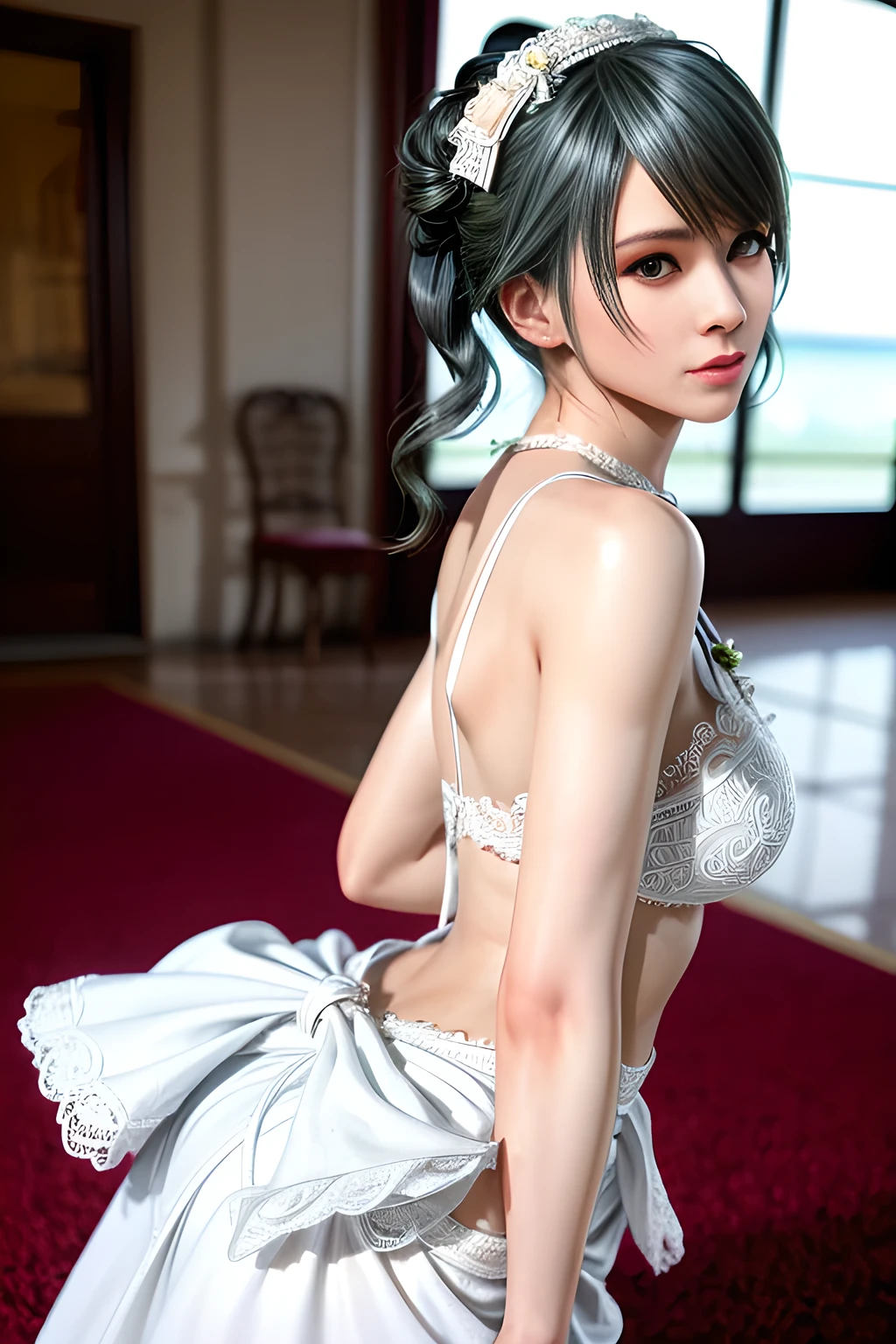 1 girl,in a two-piece wedding dress,beautiful detailed eyes,beautiful detailed lips,extremely detailed eyes and face,long eyelashes,loli character,two-piece wedding dress,white gown,detailed lace trim,(best quality,4k,8k,highres,masterpiece:1.2),ultra-detailed,(realistic,photorealistic,photo-realistic:1.37),elegant,traditional wedding attire,fancy hairdo,big bow on the back of the dress tamaki