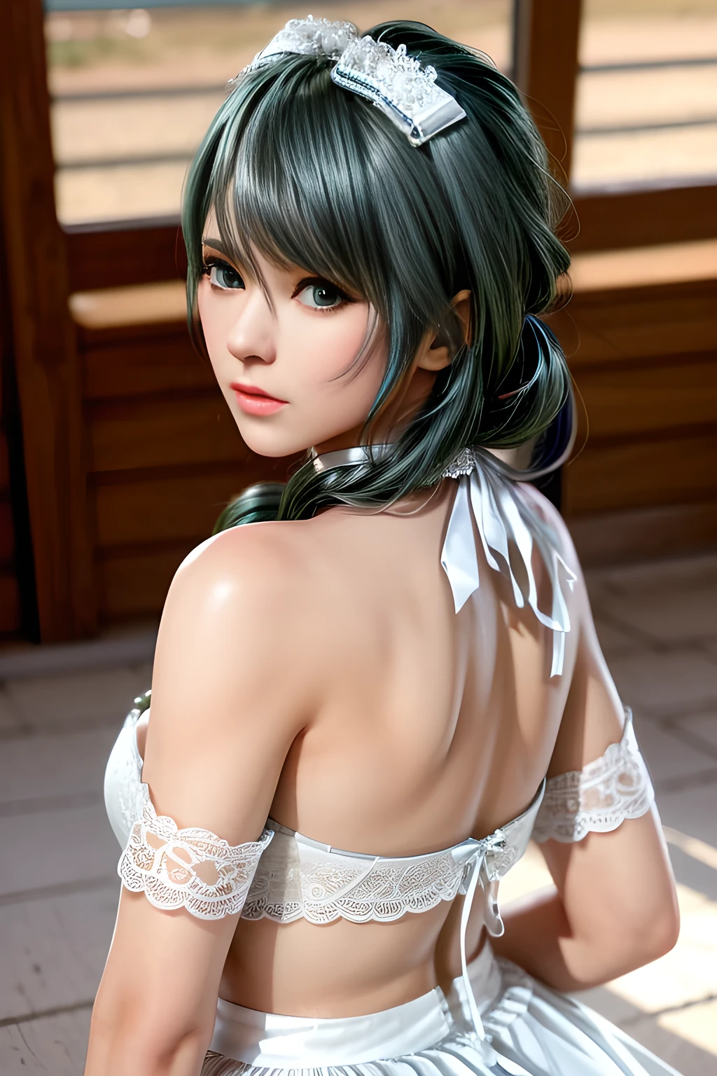 1 girl,in a two-piece wedding dress,beautiful detailed eyes,beautiful detailed lips,extremely detailed eyes and face,long eyelashes, character,two-piece wedding dress,white gown,detailed lace trim,(best quality,4k,8k,highres,masterpiece:1.2),ultra-detailed,(realistic,photorealistic,photo-realistic:1.37),elegant,traditional wedding attire,fancy hairdo,big bow on the back of the dress tamaki