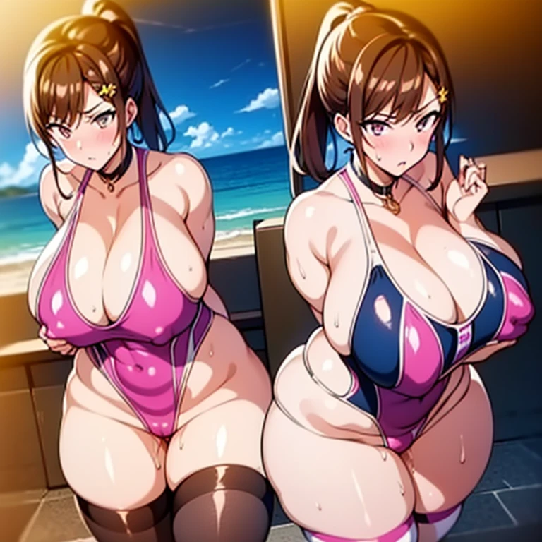 In the vibrant world of manga, there exists a female character with extraordinarily large breasts and a hugely curvaceous butt. Her lips, oversized and plump, are parted in an embarrassed open mouth. Sweat drips from her brow as she self-consciously adjusts the tight-fitting swimsuit that clings to her body. The redness creeping up her cheeks betrays her inner turmoil, adding to her endearing and relatable nature.