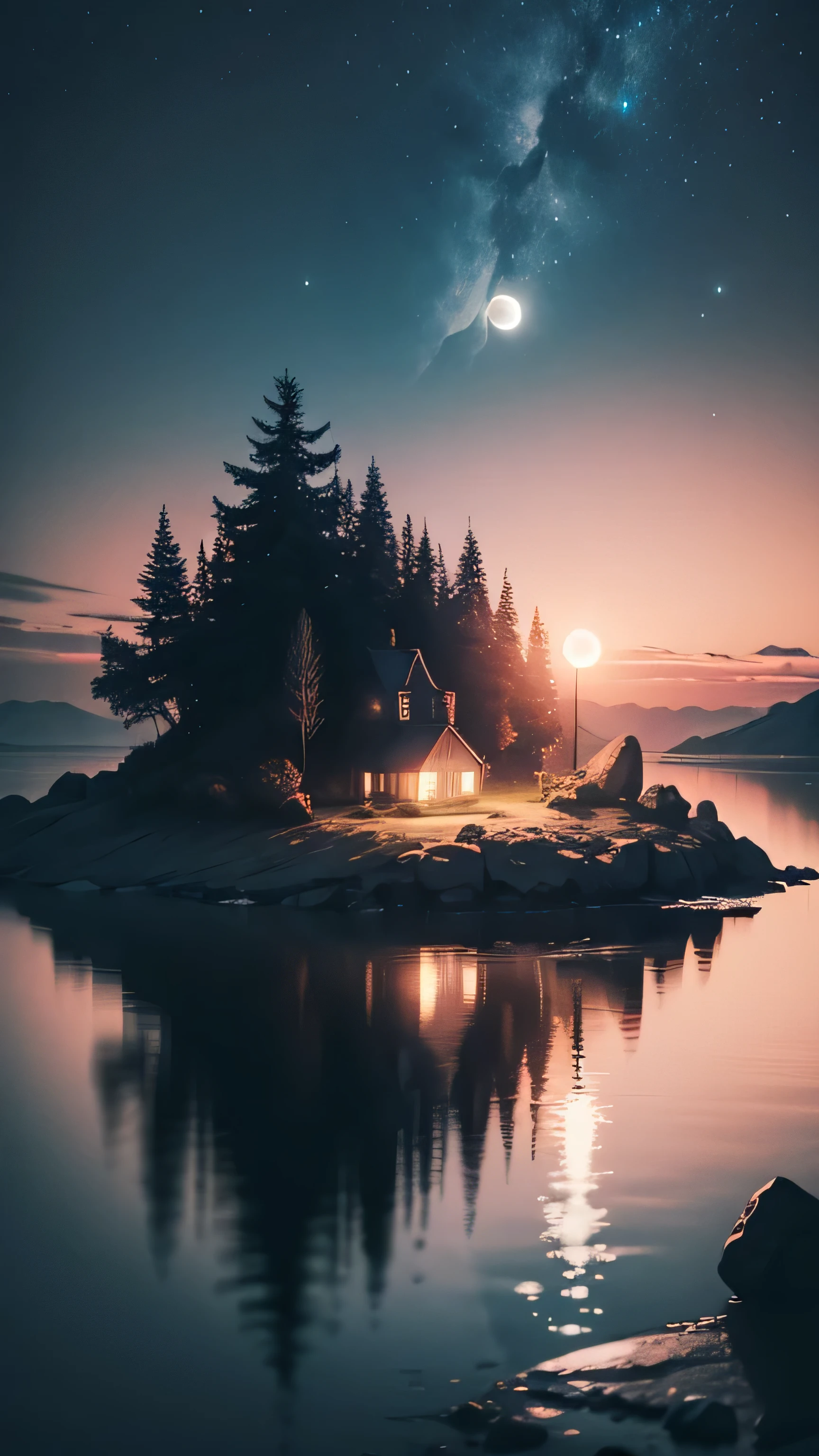 horror little island, night sky, ghost, moon, 8k
