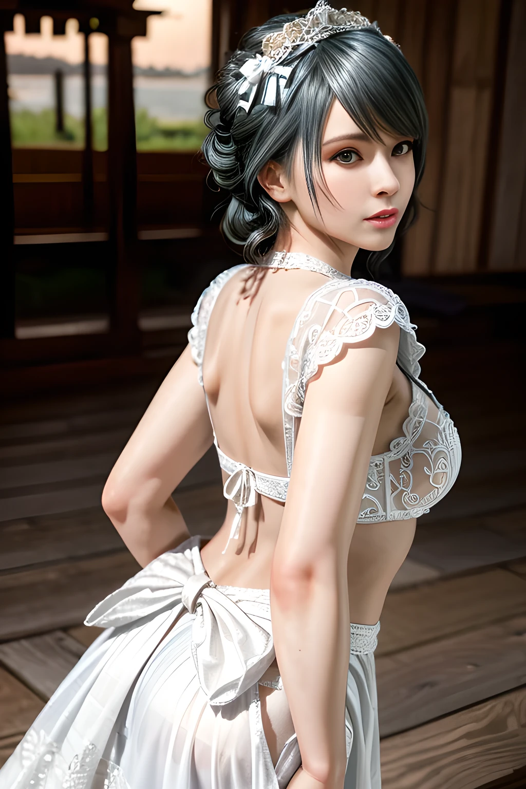 1 girl,in a two-piece wedding dress,beautiful detailed eyes,beautiful detailed lips,extremely detailed eyes and face,long eyelashes, character,two-piece wedding dress,white gown,detailed lace trim,(best quality,4k,8k,highres,masterpiece:1.2),ultra-detailed,(realistic,photorealistic,photo-realistic:1.37),elegant,traditional wedding attire,fancy hairdo,big bow on the back of the dress tamaki