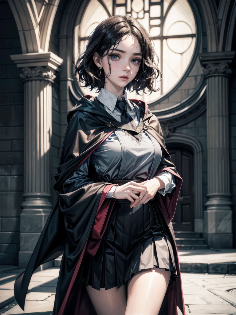 whole body, hogwarts teacher, necktie, cloak, skirt, absurdres, RAW photo, extremely delicate and beautiful, masterpiece, Best Quality, ultra high resolution, 32k, hyperrealistic, ultra-detailed, detailed description, pale skin, 20 years old, detailed beautiful face and eyes, tearful mole, earring, Colossal tits, short medium hair, wavy hair,