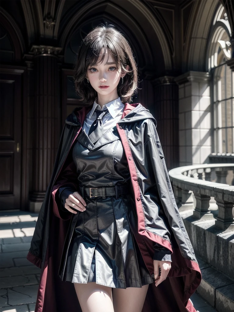 whole body, hogwarts teacher, necktie, cloak, skirt, absurdres, RAW photo, extremely delicate and beautiful, masterpiece, Best Quality, ultra high resolution, 32k, hyperrealistic, ultra-detailed, detailed description, pale skin, 20 years old, detailed beautiful face and eyes, tearful mole, earring, Colossal tits, short medium hair, wavy hair,