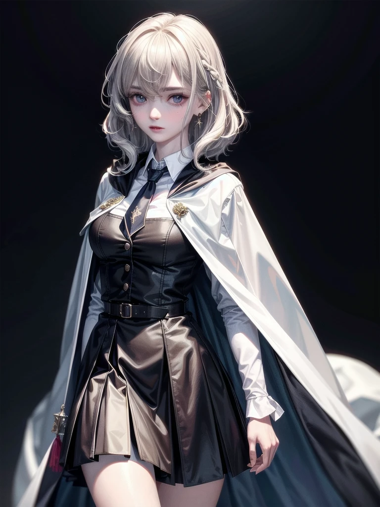 whole body, hogwarts teacher, necktie, cloak, skirt, absurdres, RAW photo, extremely delicate and beautiful, masterpiece, Best Quality, ultra high resolution, 32k, hyperrealistic, ultra-detailed, detailed description, pale skin, 20 years old, detailed beautiful face and eyes, tearful mole, earring, Colossal tits, short medium hair, wavy hair,