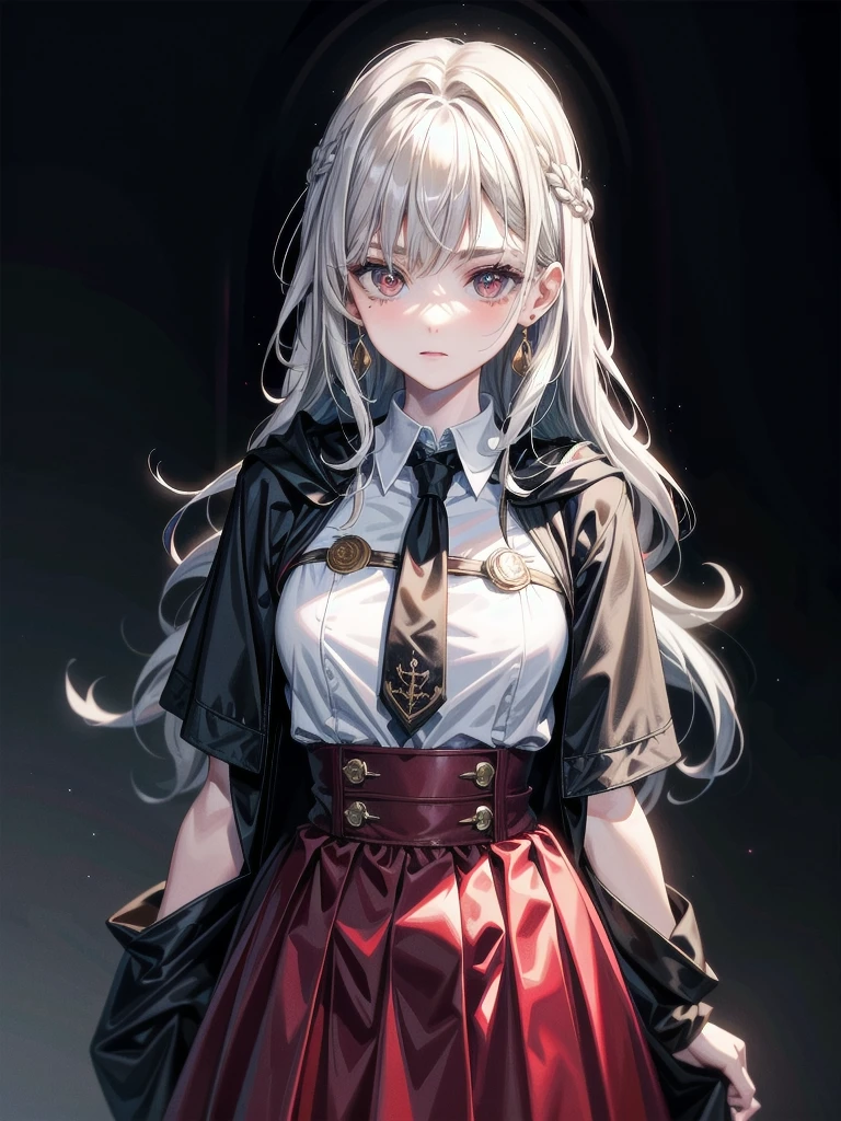 whole body, hogwarts teacher, necktie, cloak, skirt, absurdres, RAW photo, extremely delicate and beautiful, masterpiece, Best Quality, ultra high resolution, 32k, hyperrealistic, ultra-detailed, detailed description, pale skin, 20 years old, detailed beautiful face and eyes, tearful mole, earring, Colossal tits, short medium hair, wavy hair,