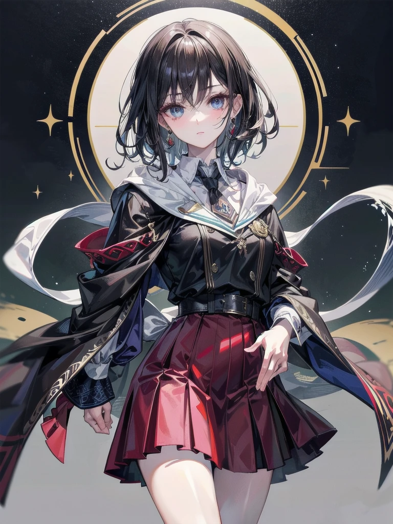 whole body, hogwarts teacher, necktie, cloak, skirt, absurdres, RAW photo, extremely delicate and beautiful, masterpiece, Best Quality, ultra high resolution, 32k, hyperrealistic, ultra-detailed, detailed description, pale skin, 20 years old, detailed beautiful face and eyes, tearful mole, earring, Colossal tits, short medium hair, wavy hair,