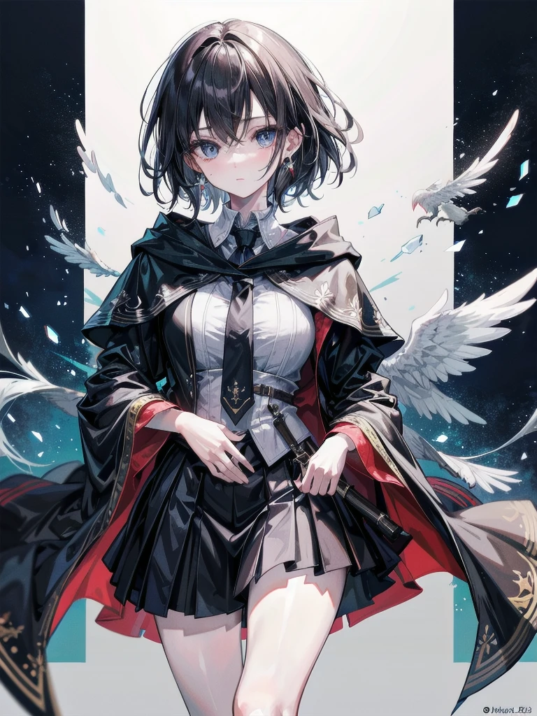 whole body, hogwarts teacher, necktie, cloak, skirt, absurdres, RAW photo, extremely delicate and beautiful, masterpiece, Best Quality, ultra high resolution, 32k, hyperrealistic, ultra-detailed, detailed description, pale skin, 20 years old, detailed beautiful face and eyes, tearful mole, earring, Colossal tits, short medium hair, wavy hair,