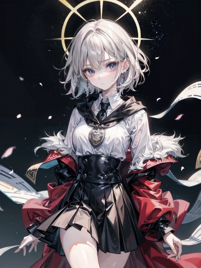 whole body, hogwarts teacher, necktie, cloak, skirt, absurdres, RAW photo, extremely delicate and beautiful, masterpiece, Best Quality, ultra high resolution, 32k, hyperrealistic, ultra-detailed, detailed description, pale skin, 20 years old, detailed beautiful face and eyes, tearful mole, earring, Colossal tits, short medium hair, wavy hair,