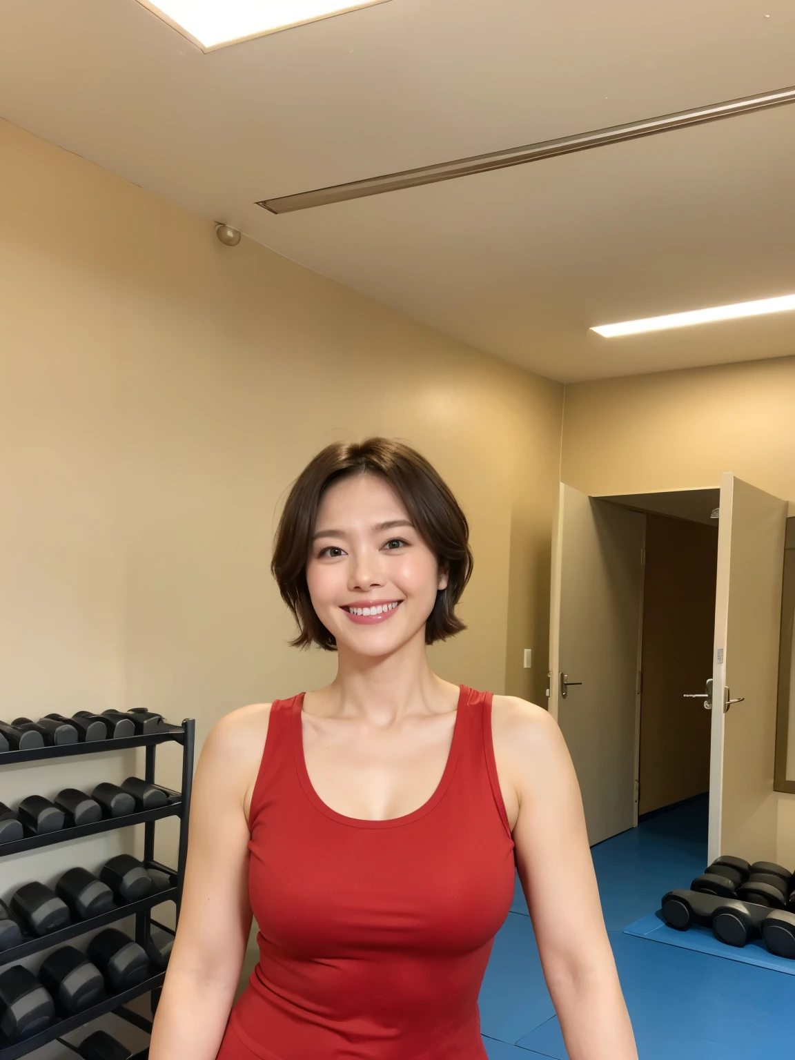 最high quality, In 8K, Masseter region, Vibrant, Sharp focus, high quality, High resolution, Detailed face, fine grain, Thick lips, (Looking at the audience), alone, Beautiful woman, 38 years old, (Standard body type)、(D cup breasts)、(Short black hair:1.5), Cleavage、(Fitness gym training room)、 (Stand in front of a power rack:1.6)、(Red tight tank top:1.6)、(smile:1.5)、(Black spats:1.5)、(Short black hair:1.3)