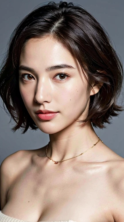 (highest quality, 8k, 32k, masterpiece, Ultra-high resolution:1.2),Beautiful Woman Photo, Gal Gadot, Huge breasts, Very short bob hair,Upper Body, Face Focus, Extra Large_sweater, necklace, Simple Background, From above, View your viewers, smile,Brown Hair