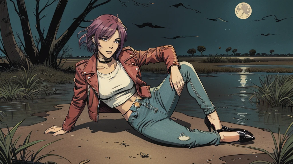 vector image, 2d cartoon,masterpiece, An anime woman,colored hair,blushed, tight jeans, heels, leather biker jacket:1.0, orgasm gloomy,near swamp,heels,