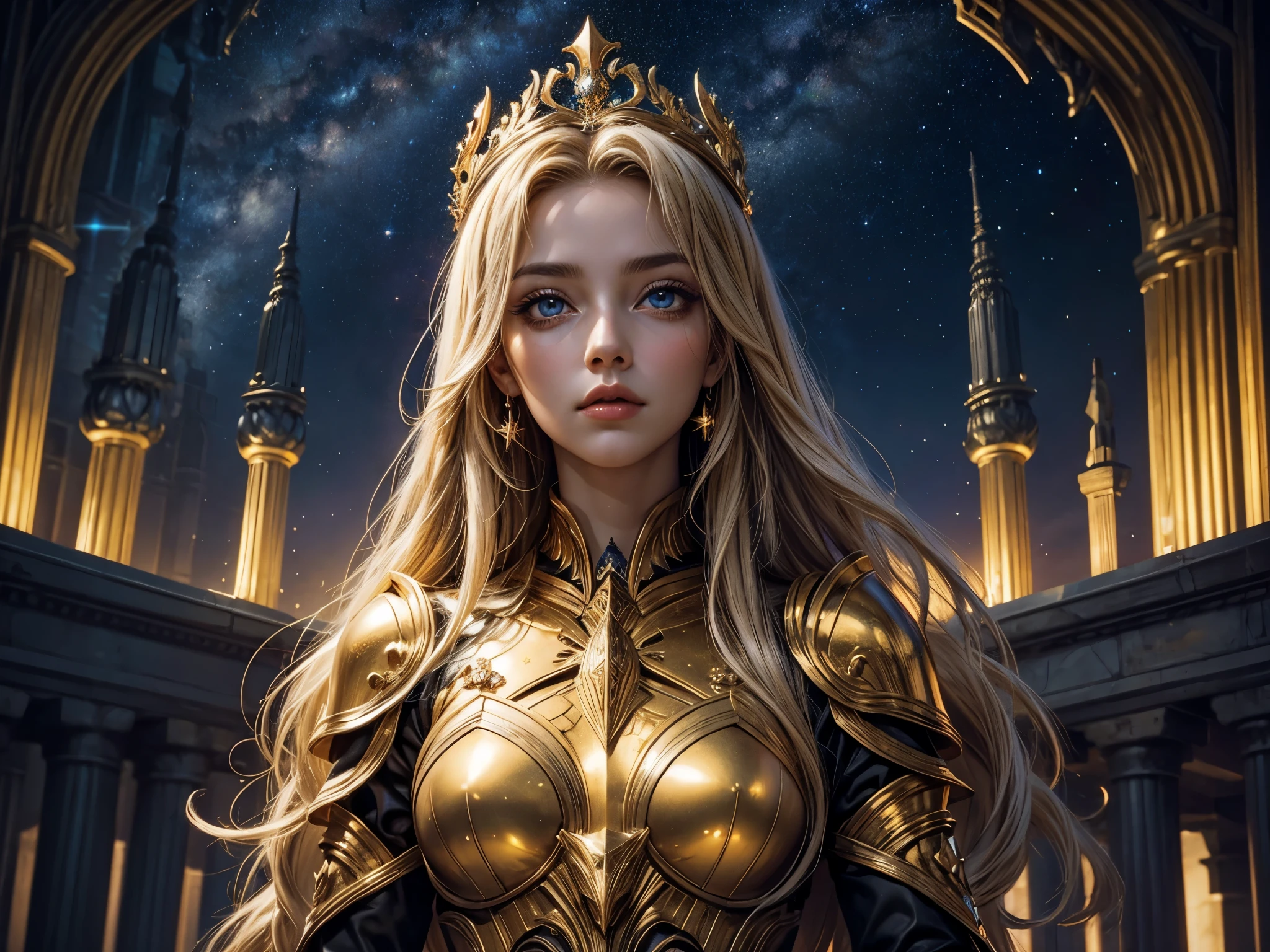1 woman, beautiful, alone, dark, from the bottom up, kingdom, mythology, golden armor, starry sky, goddess, (best quality, symmetrical eyes, perfect eyes, beautiful face),