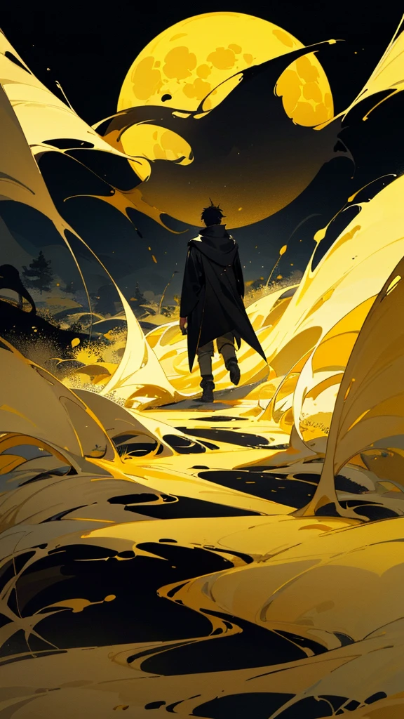 Yellow wallpaper, black road with a bush around it, there is a boy walking on this road and looking from a distance, yellow and black and dark space, game wallpaper, game background, yellow big moon, night
