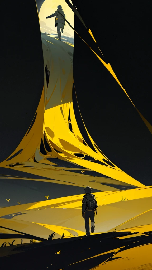 Yellow wallpaper, black road with a bush around it, there is a boy walking on this road and looking from a distance, yellow and black and dark space, game wallpaper, game background, yellow big moon, night