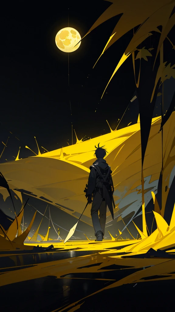 Yellow wallpaper, black road with a bush around it, there is a boy walking on this road and looking from a distance, yellow and black and dark space, game wallpaper, game background, yellow big moon, night