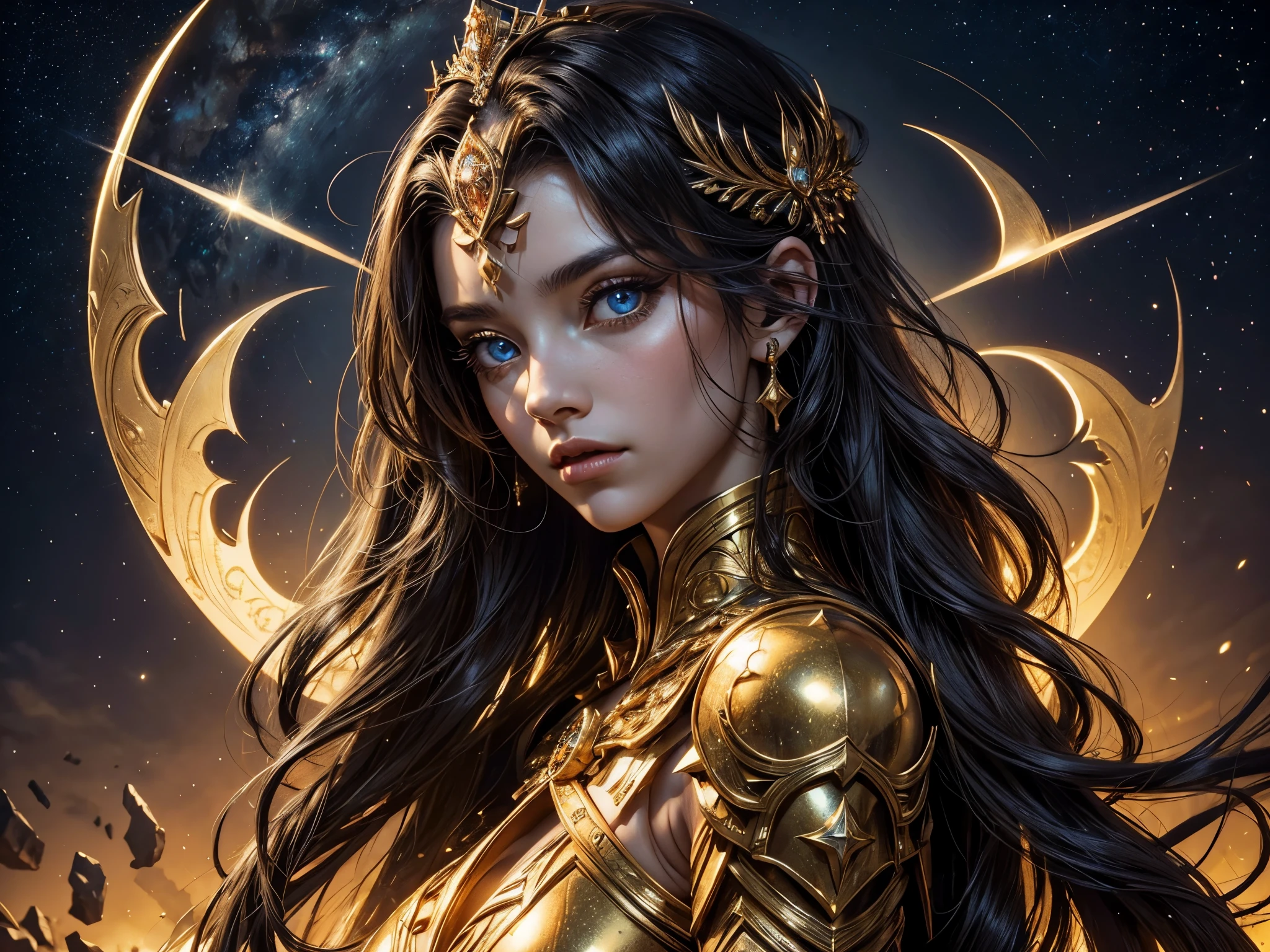 1 woman, beautiful, alone, dark, from the bottom up, kingdom, mythology, golden armor, starry sky, goddess, (best quality, symmetrical eyes, perfect eyes, beautiful face),