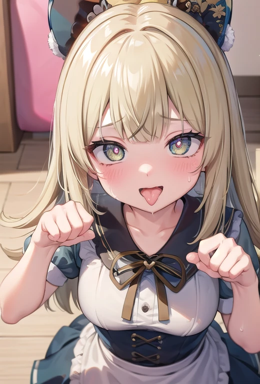 masterpiece,16k,8k,Delicate expression,highest quality,high resolution,High resolution,Sweat,1girl,look at viewer, seductive smile,sweat stains,fish eye lens,front face,from above,paw pose,upper body,show your oral,open mouth,long tongue out,most drool,heart shaped pupils,green eye,blond hair,maid,spoken heart