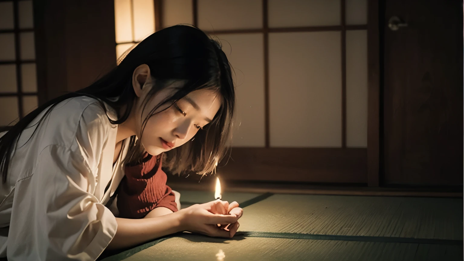 "Imagine a cozy, softly lit traditional Japanese room at dusk. The setting features tatami mats, shoji screens diffusing the warm glow of the light, and a minimalist aesthetic. In the center, a person is gently performing an ear cleaning. The person, a professional in appearance with calm and reassuring facial expressions, is using traditional ear cleaning tools. Subtle details like a small, flickering candle and a calming view of a Zen garden visible through the open sliding door enhance the tranquility of the scene. The overall atmosphere is soothing and meticulously clean, perfect for an ASMR video."