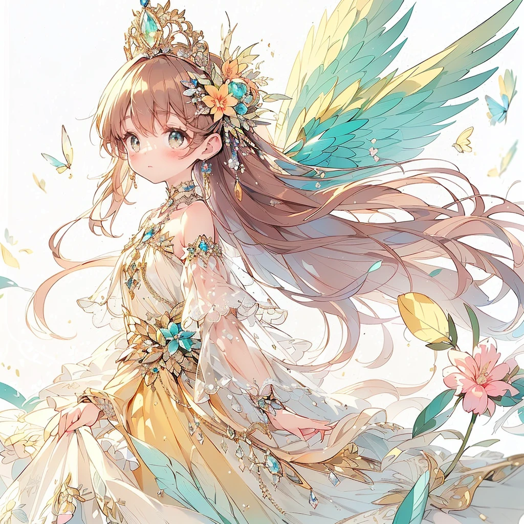 (Exquisite, beautiful, Very detailed, masterpiece, High resolution,high quality,High resolution),(Well-formed face,Soft and thin lines: 1.2, beautiful, Delicate and vivid illustrations with a mature and clear feel), (A fairy princess with imperial topaz motif and fairy wings growing from her back is walking down a white road.:1.2),topaz imperial topaz crystal, (Imperial topaz tiara, diamond earrings, necklace, bracelet and ring,), ((A gorgeous ball gown dress with lots of ruffles and an imperial topaz motif.:1.1, Balloon sleeves, Jewels, ribbons, lace and frills, Beautiful jeweled fairy wings hanging from her back:1.5)), (Pale pink blush Plump pink lips,Fair skin, Good style),topaz,Interesting angle