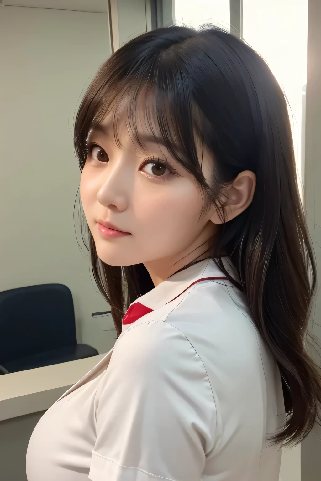 (1 woman)、(Beautiful Japanese、38years old,round face、Refreshing、clear、seems kind、stylish、Pitiful、cute like an angel、cute、black eyes、,actress,Narrow eyes,Adult atmosphere、Slit eyes), Good style , (Beautiful big breasts:1.2),(soft breasts),(very cute),(Black hair),(Long hair),(enchanting eyes),(highlight on eyes:1.2)、(8K、Live shooting、highest quality、masterpiece:1.2、optimal lighting)、((masterpiece)),(Photo taken by a professional photographer),(real、photo real:1.4),break,{ (White nurse costume),(((taraditional nurse uniform))),{(White nurse tight pants)},(cleavage:1.2)},(cheeks are red:1.2), break, break,Hospital,Face shot:1.3、Hospital waiting room、Looking back at viewer:1.4,Shy face:1.2、Big Ass,dynamic angle,Face close-up