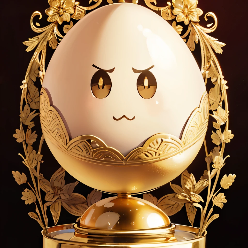 High resolution, (a golden egg:1.3),Glowing,on a beautiful decorated stand,The egg has wing,(face in the egg:1.3),Angry