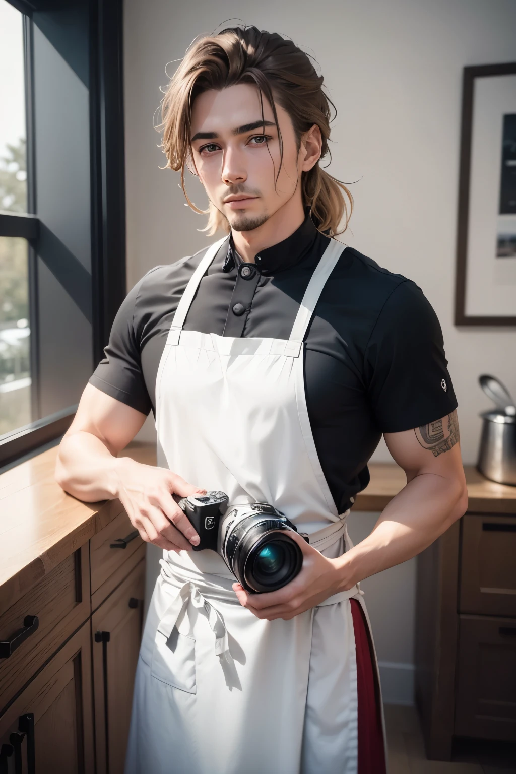 Grain du film, photographié avec un appareil photo sans miroir Sony a9 II, style analogique, beau, chef-d'artwork, best quality, aamari, A black woman with an elegant dress, colored, heureux, il regarde la caméra, Library in the background, homme triste au fond, very dark skin, Extremely detailed face, coup de buste, Perfect lighting